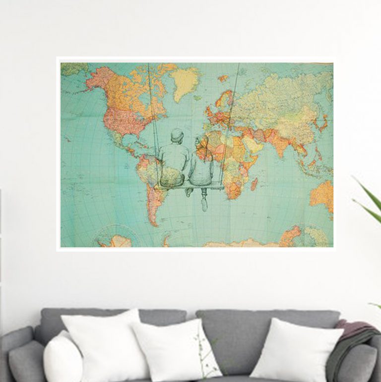 1,5 meter wide vintage world map from 1955 with romantic pen drawing