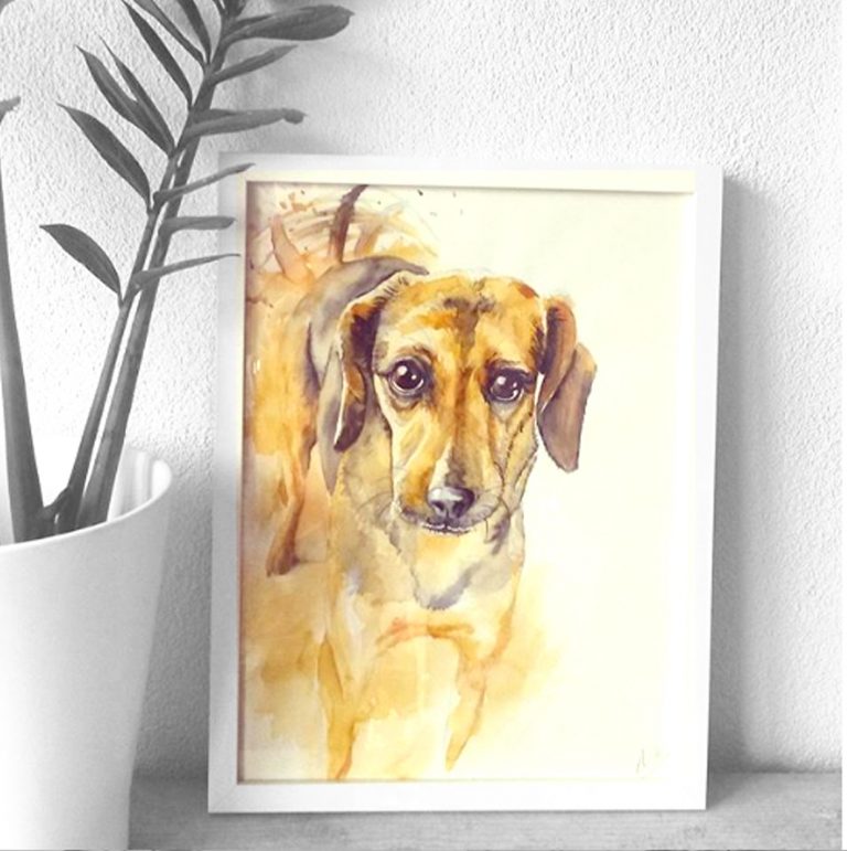 A watercolor painting of a dog